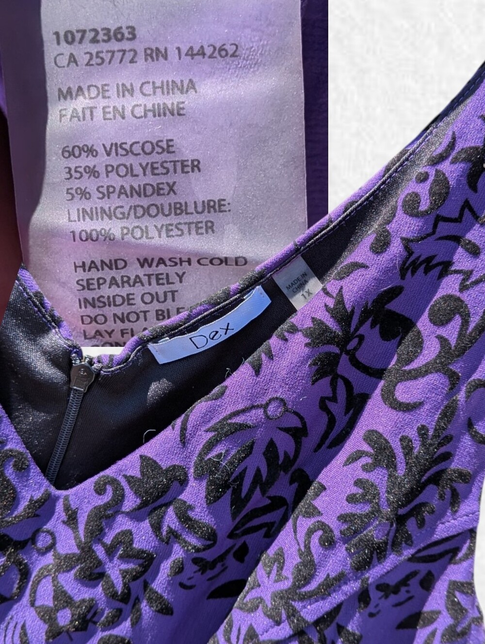 DEX Plus-Size 1x: Purple V-Neck A-Line Midi Dress with Velvet Black Details - Picture 4 of 6